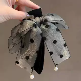 韩版缎面雪纱波点蝴蝶结抓夹复古珍珠吊坠气质后脑勺鲨鱼夹发夹女