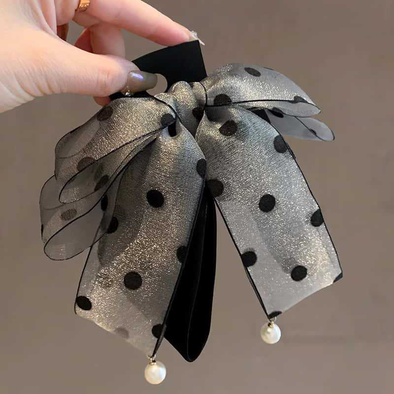 Korean Style Satin Snow Gauze Polka Dot Bow Clip Retro Pearl Pendant Elegant Shark Clip Hairpin for Women on the Back of the Head