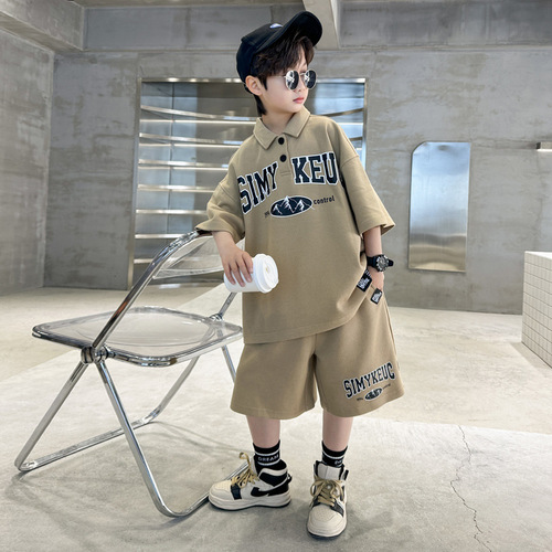 Boy's Handsome Polo Shirt Five-Fifth Pants Two-piece Set  Summer New Letter Printed Top Five-Piece Pants Set