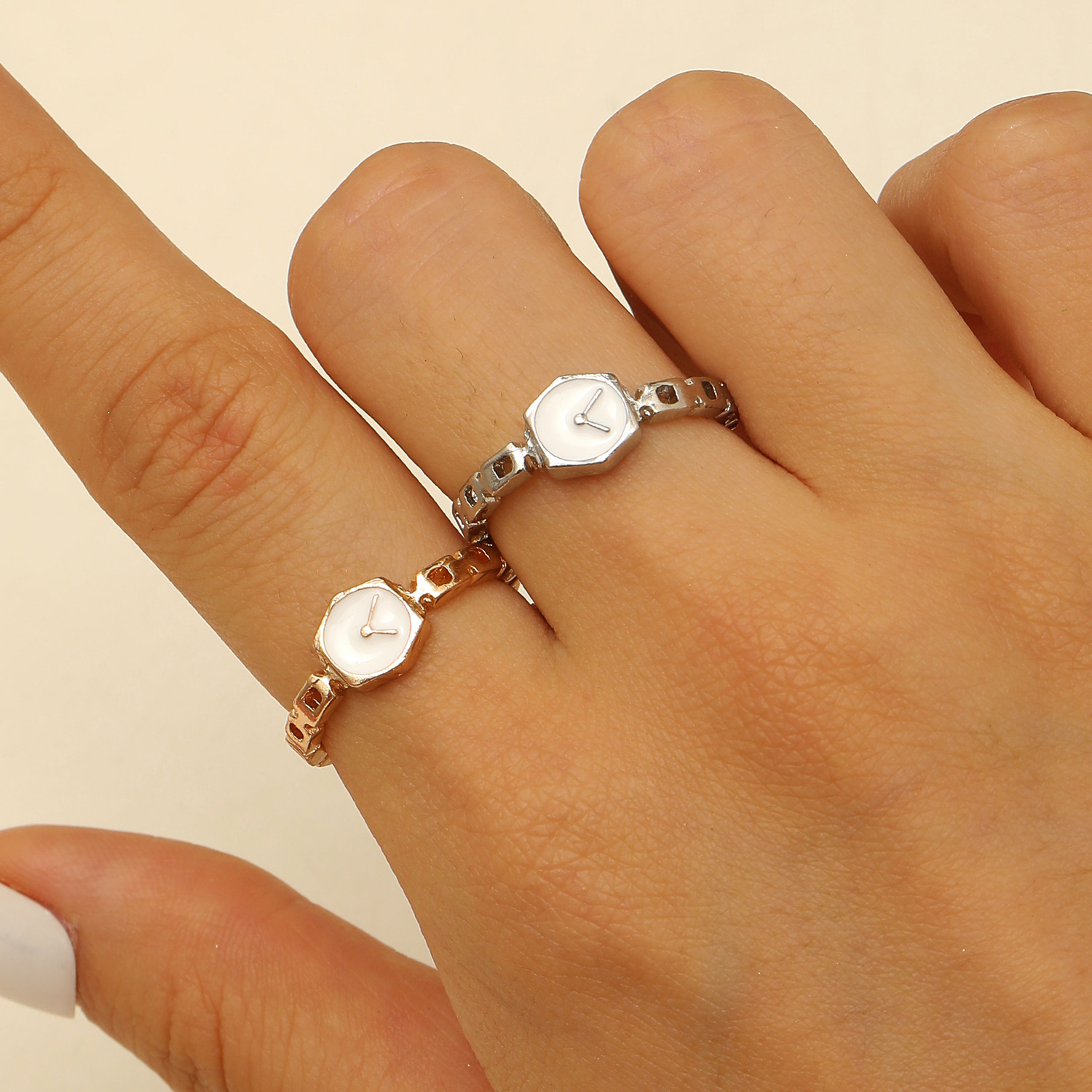 Reverse Clock ~ Simple Design Watch Strip Ring Women's Opening Adjustable Fine Drip Glaze Index Finger Ring Ring Chain