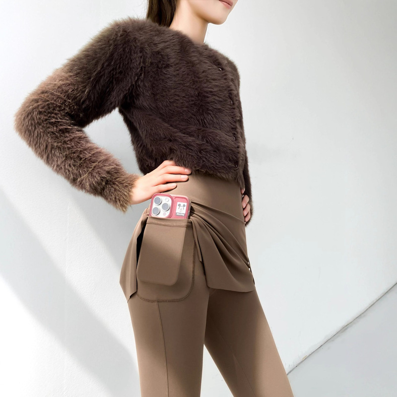 Korean Style Pocket Leggings New Spliced Skirt Pants Women Yoga Sports Running Pants High Elastic Thin Flared Pants