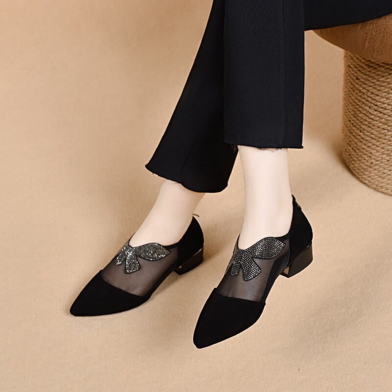 Pointed Toe Mesh Flats for Women 2025 Spring and Summer Simple Elegant Designer Rhinestone Butterfly Love Flower Back Zipper Small Flats