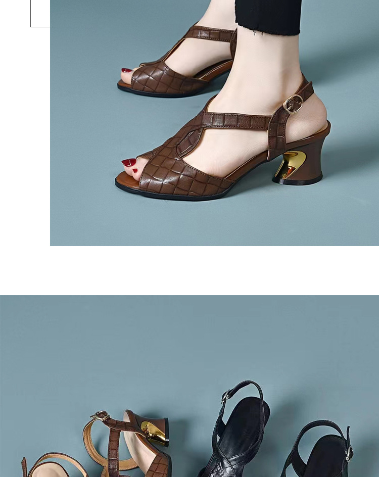 Sandal peep-toe da cừu gót vuông ổn định phối váy — Màu nâu chi tiết 18