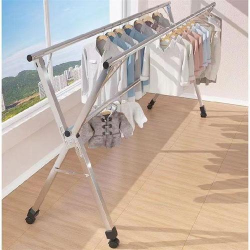 Stainless steel floor-standing clothes drying rack thickened telescopic folding stall shelf indoor and outdoor clothes drying bar double pole artifact wholesale