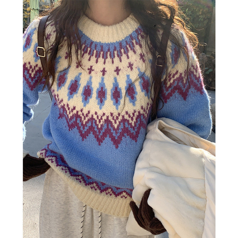 24 invierno Puyuan Isla de Fair suéter jacquard rosa nuevo estilo de reducción de la edad de la universidad camiseta de punto para mujeres