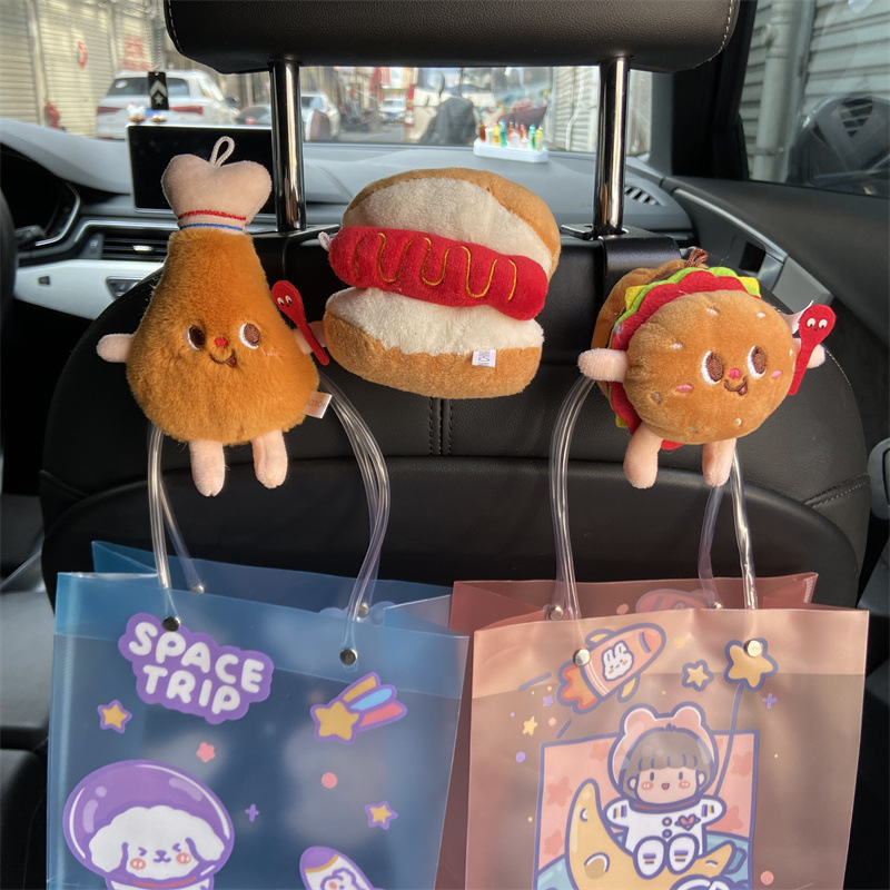 Gancho de automóvil peluche lindo pan hamburguesas perros calientes silla de respaldo asiento de automóvil multifuncional almacenamiento trasero estante de disposición