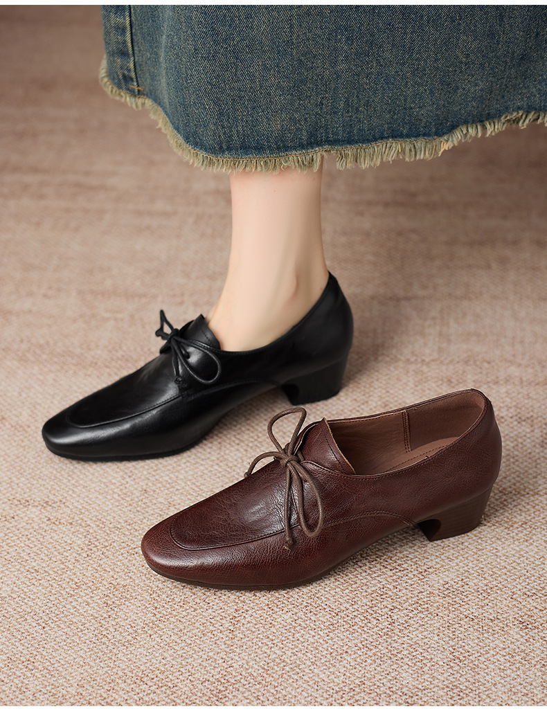 Giày da nữ kiểu Anh buộc dây mũi nhọn gót vuông 4 cm — màu nâu chi tiết 1