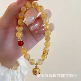 寺庙同款黄水晶金发晶手串招财醒狮铃铛小狮子新中式直播小众手链