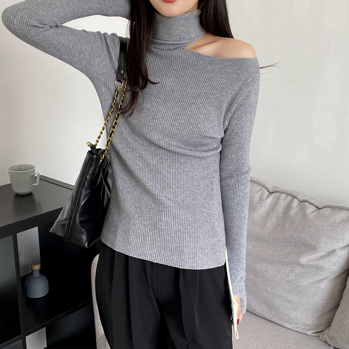 High-Necked Long-Sleeved Hollow Sweater NSFYF85683