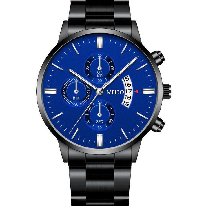 Men's Business Tiktok Trending Watch, Cross-Border Steel Band Calendar Couple Watch, Men's Classic Fake Three-Eye Quartz Watch