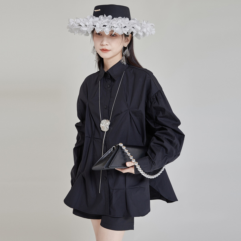 [Autumn Collection] Irregular pleated long-sleeve shirt for women, 2026 autumn/winter new collection, mid-length, loose-fitting top