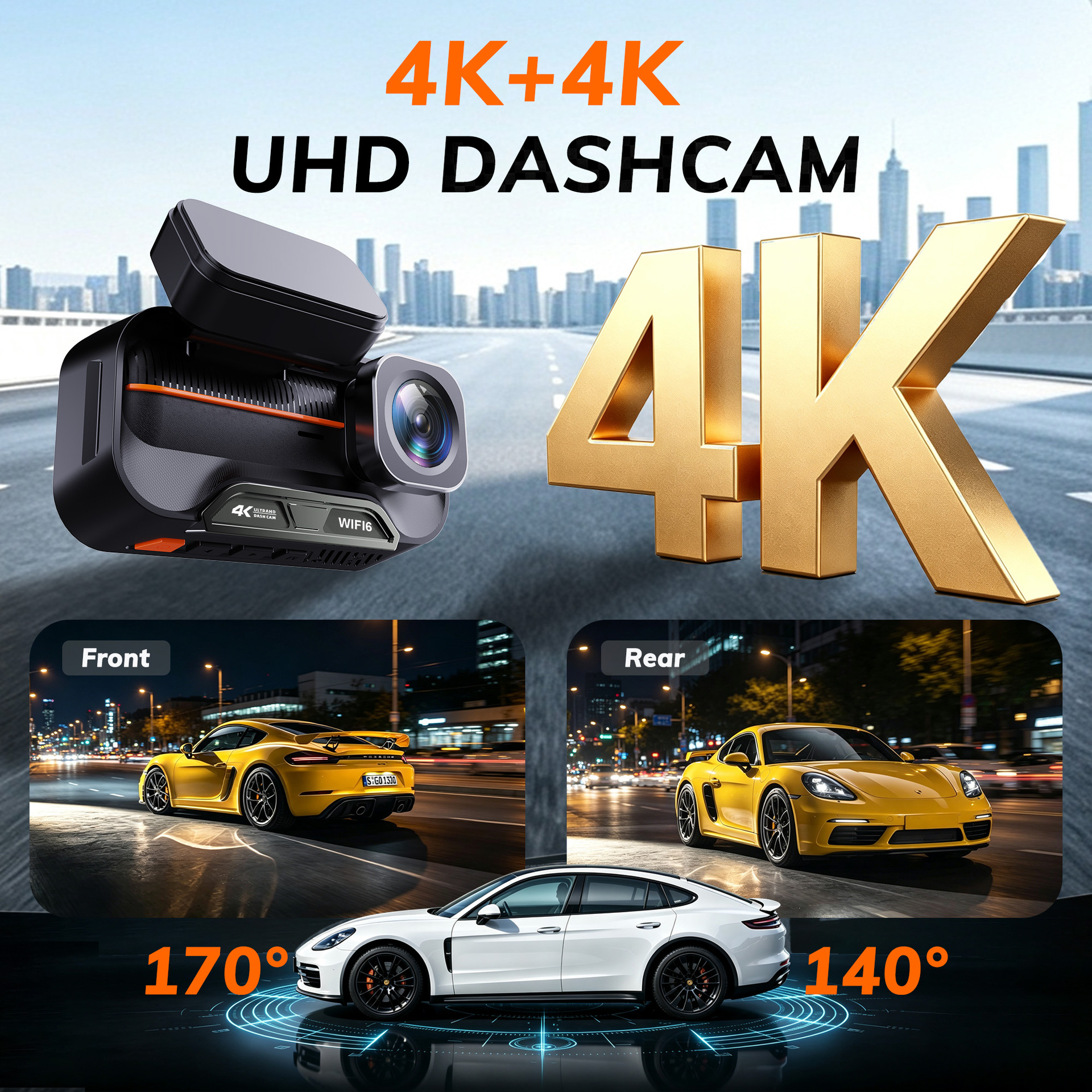Cross-border 4K front and rear dual-recording dashcam WiFi6 mobile app connected car video recorder for foreign trade
