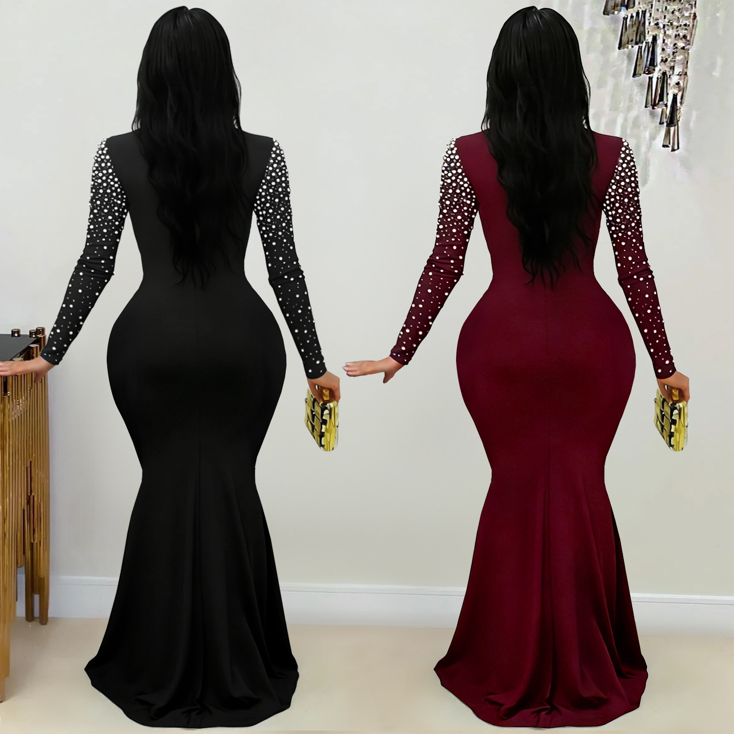 C7622 Aliexpress transfronterizo Amazon Europa y América moda de mujer elegante cuello alto bolsas de diamantes calientes vestido de cadera image 3