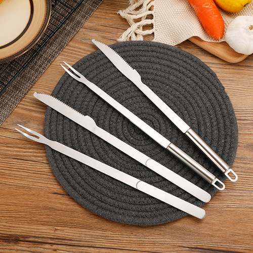 Amazon stainless steel barbecue knife and fork set household barbecue tools roast lamb leg round handle flat handle extended handle knife and fork