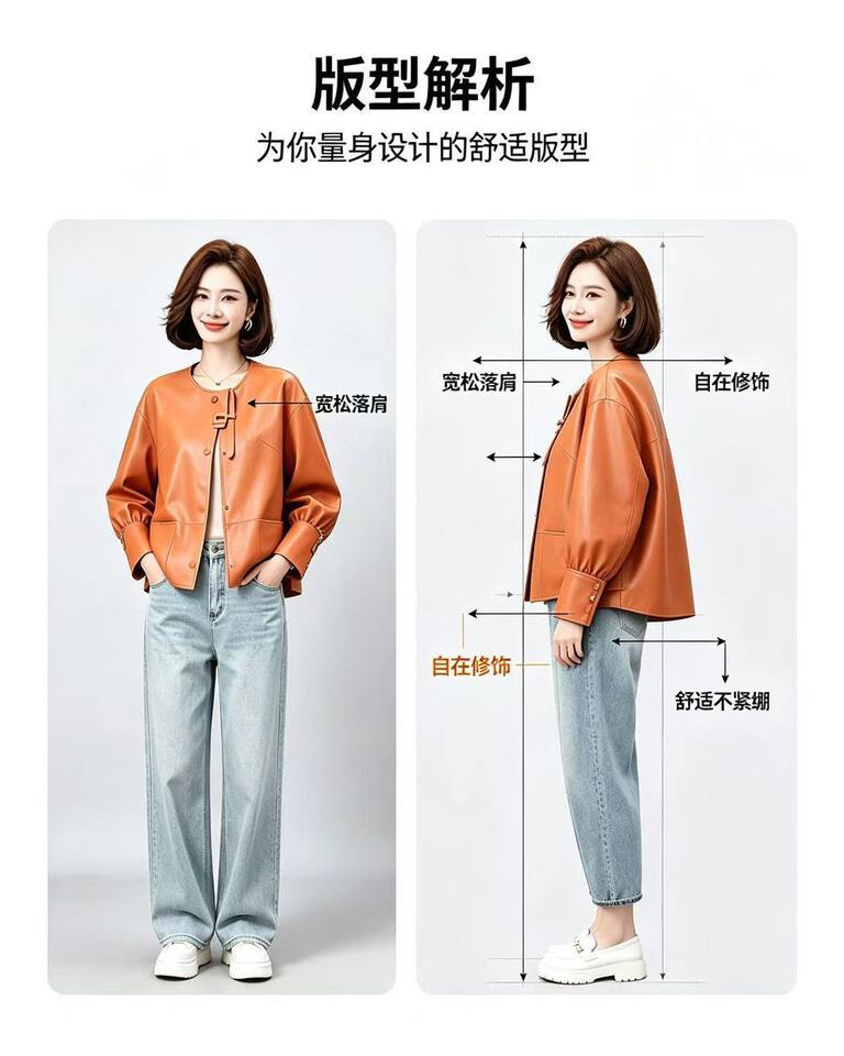 Áo khoác da nữ dáng ngắn ôm vừa, cổ lập, tay dài, phong cách thanh lịch — Cam Hermès, đen chi tiết 10