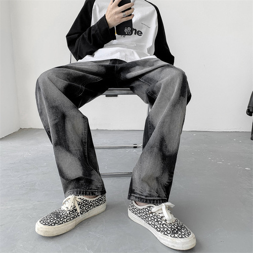 Men's Jeans Spring Summer Thin Model Hip-Hop Brand Hong Kong Style Floor-Length Pants Instagram Trendy Versatile Loose Tie-Dye Pants