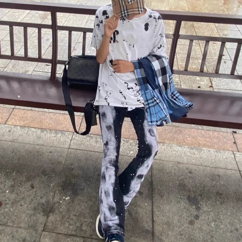 American High Street Pu Painted Splashed Ink Micro-Flared Jeans Men's Trendy Brand New Stylish Elastic Slim Fit Long Pants