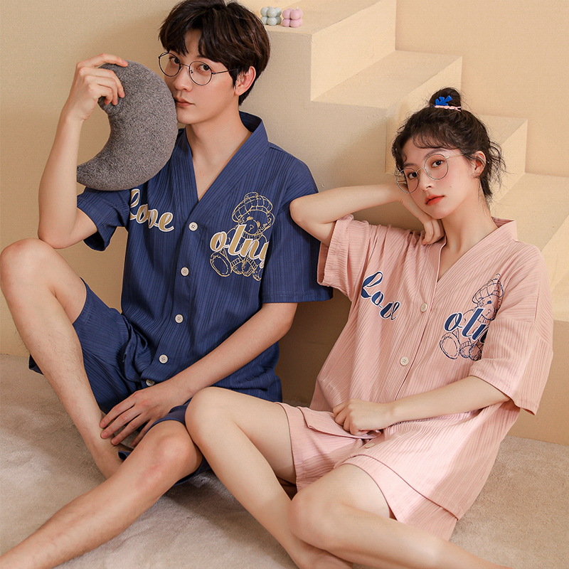 2024 verano pareja pijama de algodón cardigan de manga corta suelta ropa de casa de tamaño grande para hombres y mujeres juegos de camiso