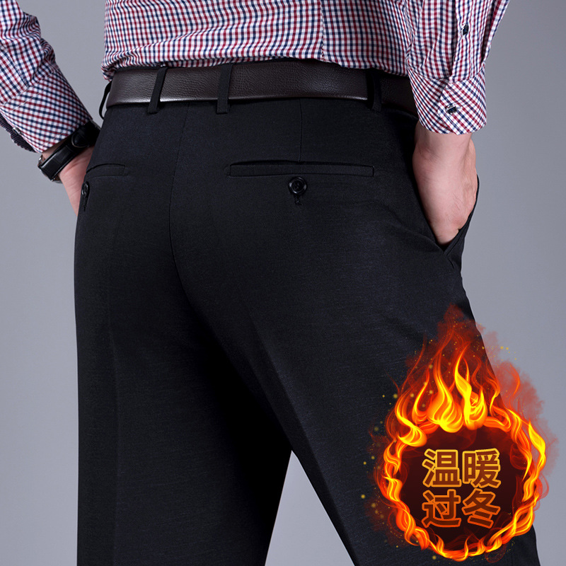 Perki canguro de invierno forrado de lana engrosada pantalones de traje de hombre de mediana edad y ancianos pantalones casuales de cintura alta pantalones de hombre Pantalones de traje