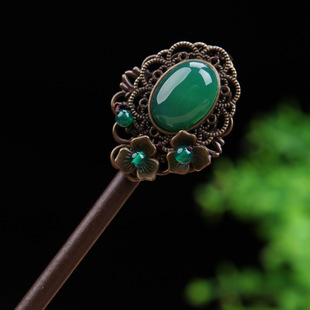 Authentic Antique Green Agate Hairpin Classical Disc Hair Step-by-Step Chinese Style Pearl Hairpin Jewelry Hair Hairpin Antique Palace genuine goods