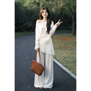 2026夏日绝美精致设计感御姐风显瘦一字肩防晒上衣屁帘阔腿裤套装