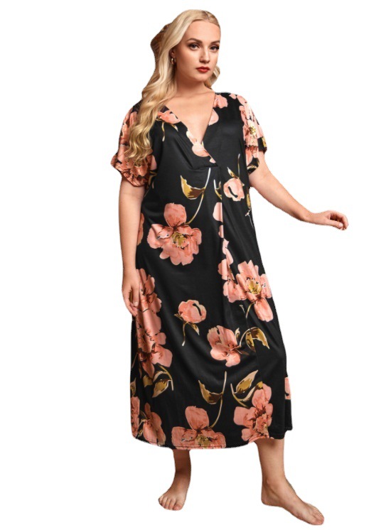 亚马逊shein大码女装新款印花长款连衣裙V领短袖睡衣睡裙舒适宽松