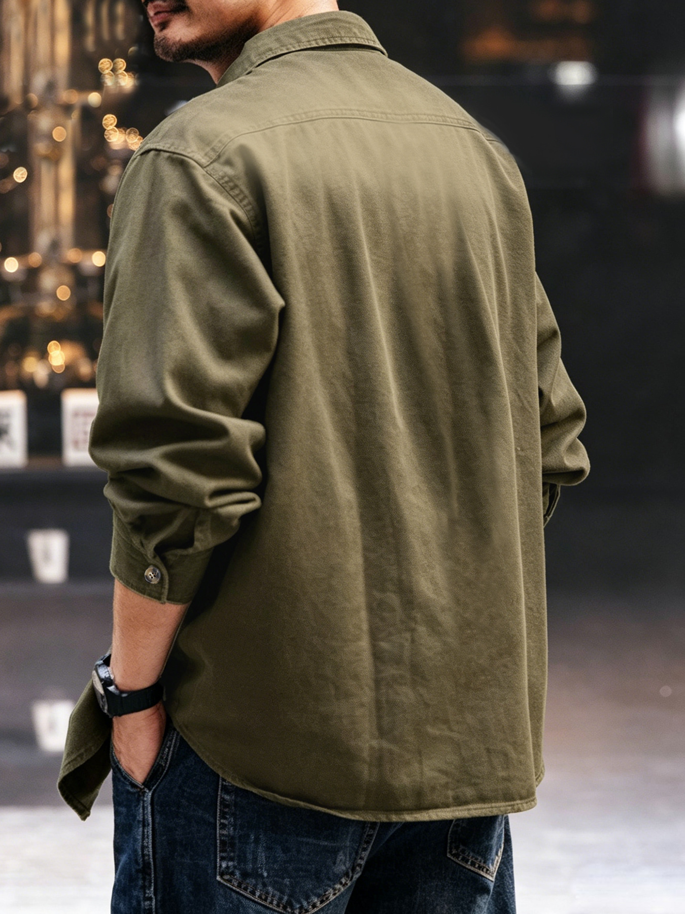 Men's Vintage Loose Fit Work Shirt, Spring Casual Plaid Long Sleeve Shirt For Big & Tall, Military Green_viptrois.com