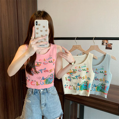 Summer new American retro small vest for women to wear chic printed slim slim sleeveless knitted suspender top