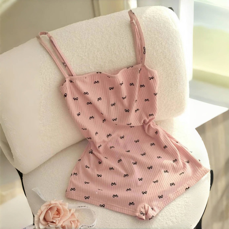 Sweet Backless Slim-Fitting Suspender Bodysuit Pure Desire Sexy Nightdress New Girl Bow Print Pure Cotton Pajamas
