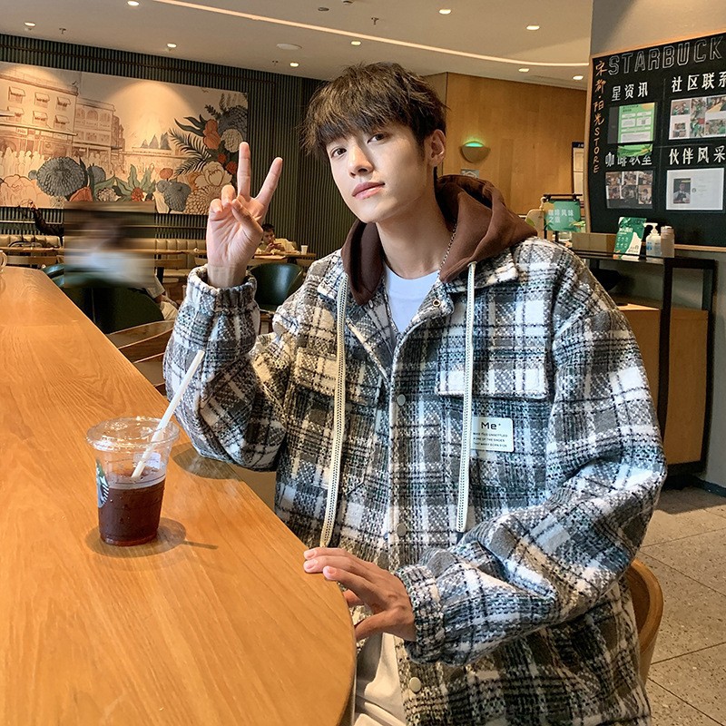 Chaqueta de camisa de solapa de moda a cuadros de tendencia juvenil