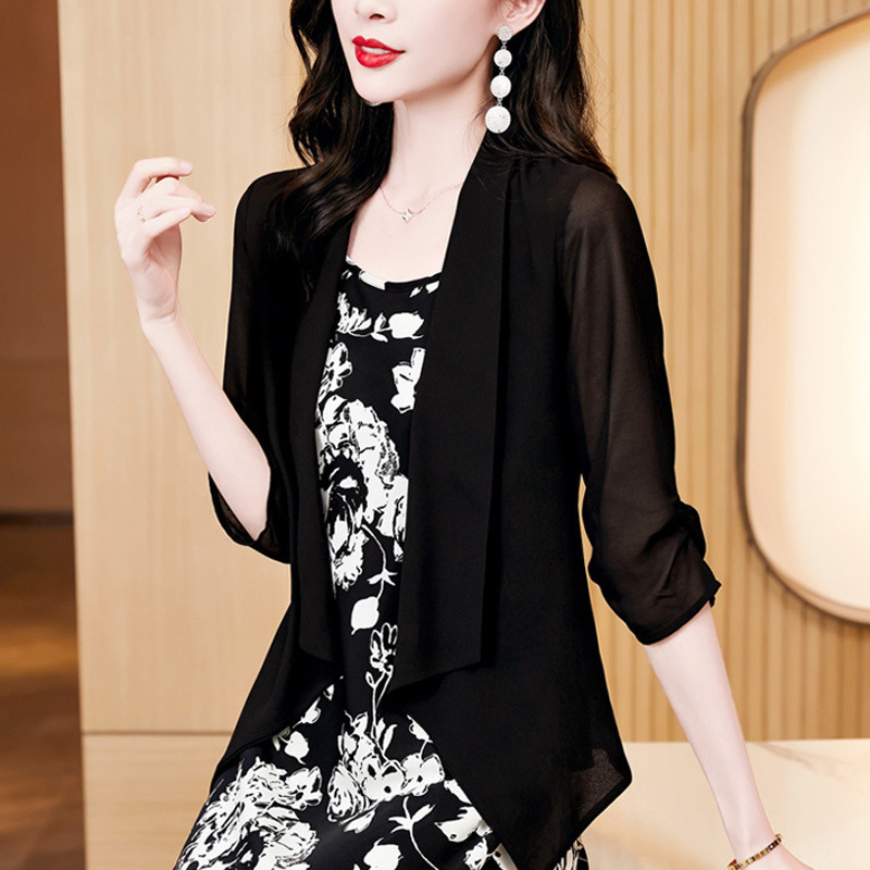 Chiffon Shawl Outerwear, Women's Summer Thin Air-Conditioning Jacket, Three-Quarter Sleeve Sun Protection Clothing, Casual Small Blazer Jacket