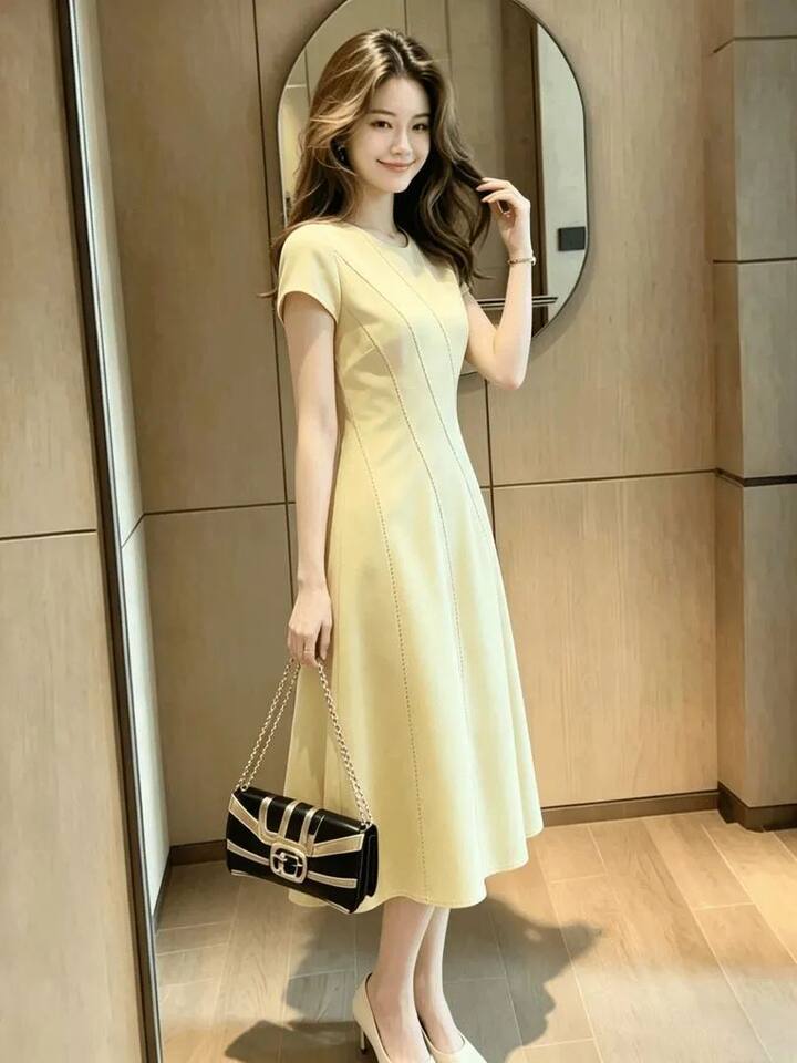 Đầm liền nữ tay ngắn cổ tròn chiết eo cạp cao dáng chữ A phong cách thanh lịch — Màu vàng nhạt chi tiết 5