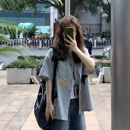 日系复古毛巾绣格子衬衫女夏季新款小个子休闲百搭防晒衬衣外套潮