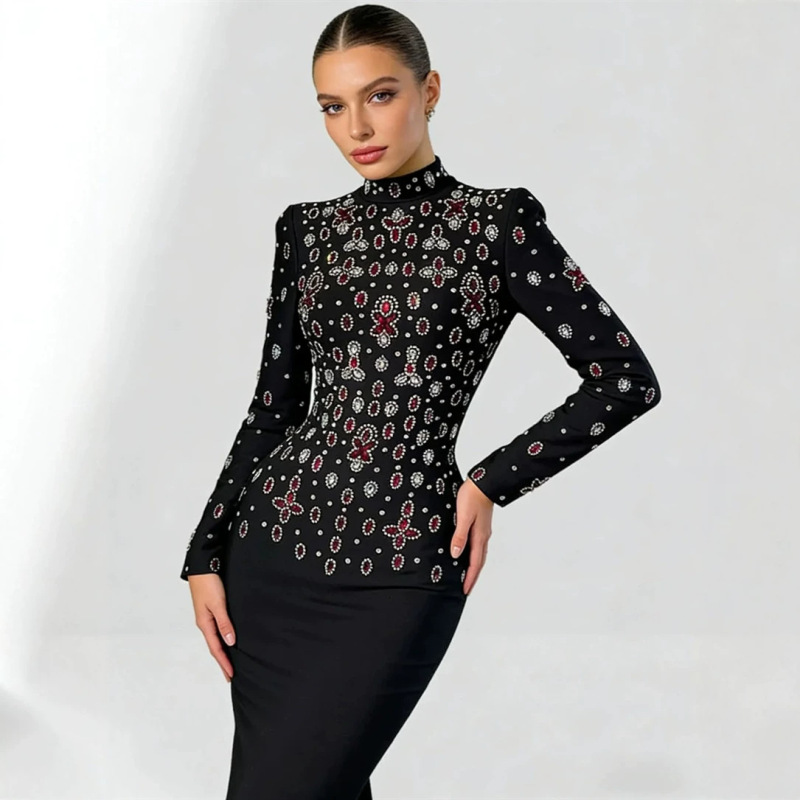 Cross-Border Foreign Trade Heavy-Duty Rhinestone Bodycon Black Dress with Elegant Temperament for Party and Evening Events Bandage Dress