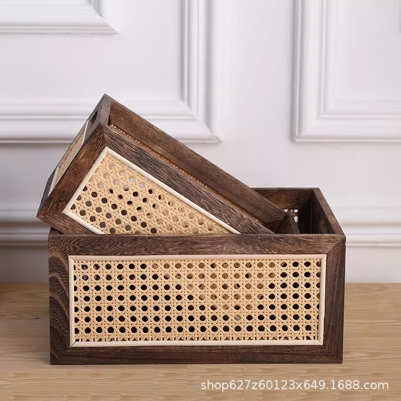 Cesta de almacenamiento de ratán de madera maciza japonesa personalizada mesa caja de almacenamiento de madera maciza sala de estar misceláneas libros y bocadillos organización y almacenamiento