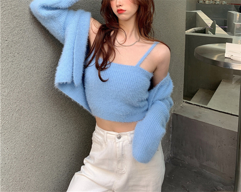 Sexy Strickjacke 2023 Herbst/Winter Neue Produkt Nerz Wolle Brust Verpackung Zwei Stück Set Koreanische Gestrickte Pullover für_voghion.com