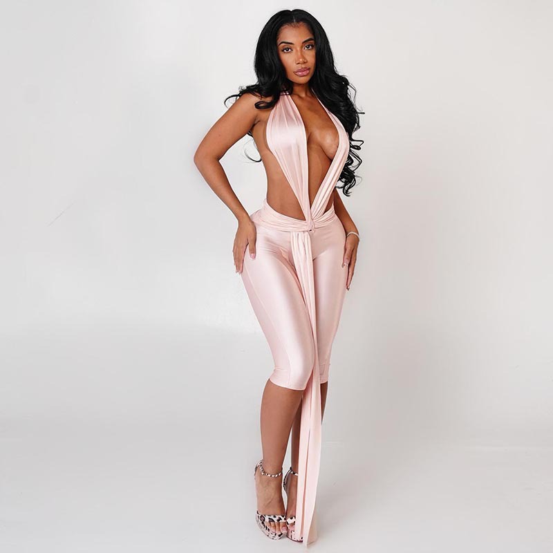 D25Jp401 European and American Cross-Border Women's Clothing Glossy Sexy Halterneck Backless Ribbon Tight High-Waisted Cropped Pants Jumpsuit