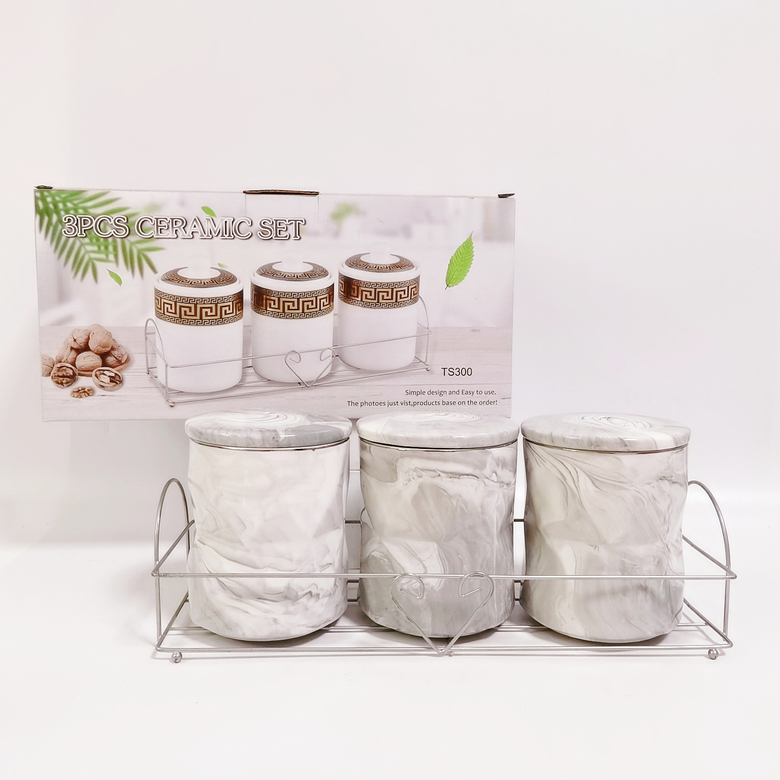 Medio Oriente exportación simple marmolado cerámica sellado Jar rombo 3-Cabeza de almacenamiento Jar té café Jar