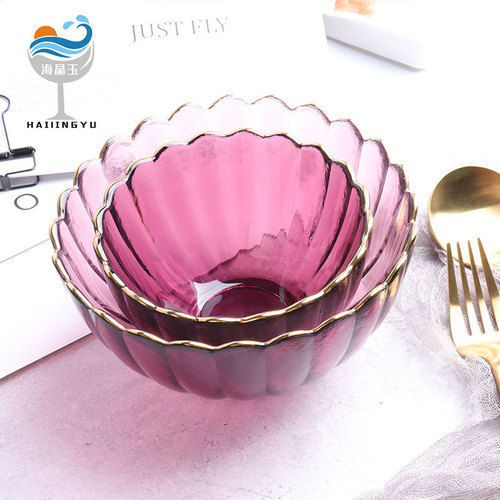 Sea crystal jade Nordic style transparent lace glass bowl gold rim colorful fruit dessert salad bowls and plates tableware set