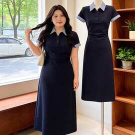 胖mm大码Polo领翻领短袖连衣裙子女2026夏季新款遮肚显瘦收腰长裙