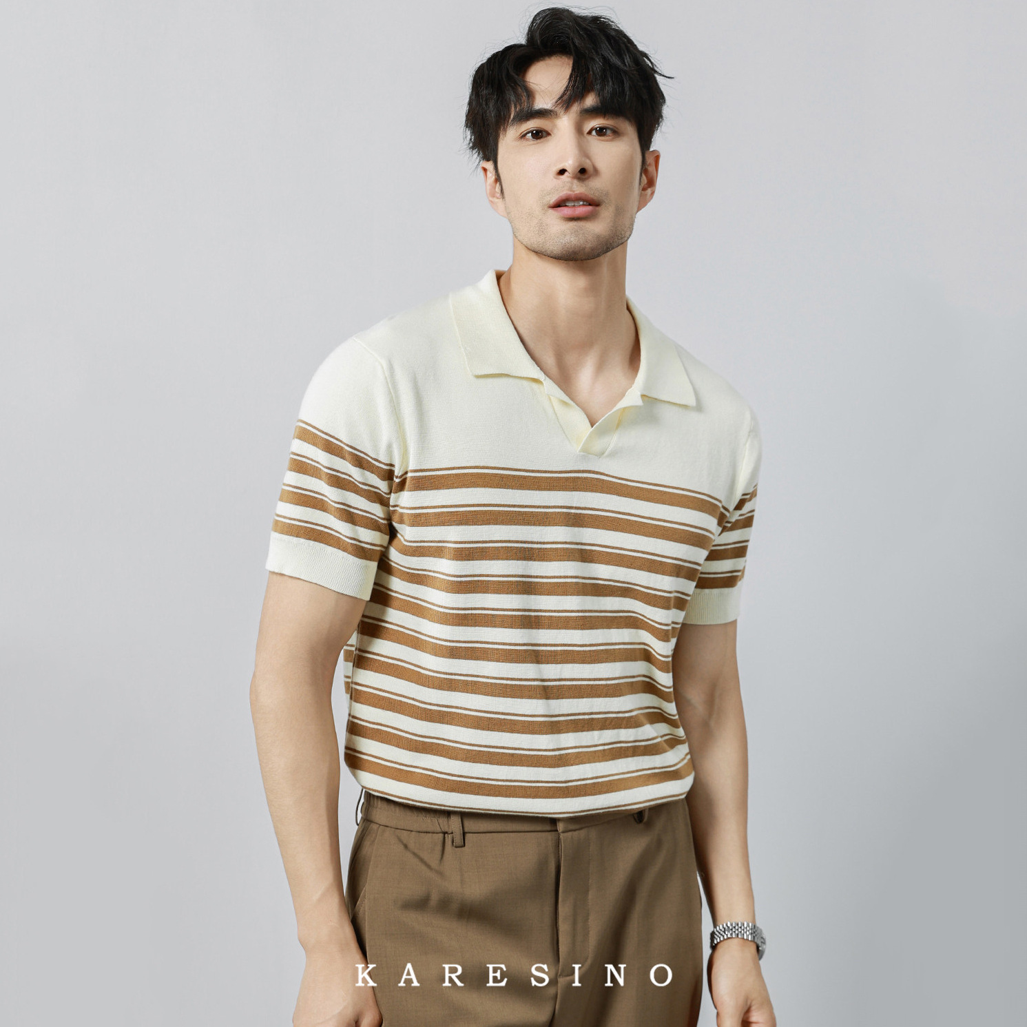 Polo camiseta de punto camiseta de manga corta hombre V-collar gaviota rayas viejas camiseta de hielo de viento de verano fábrica transfronteriza al por mayor
