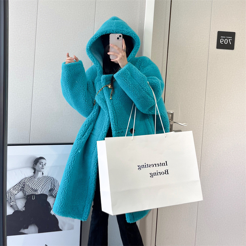 Teddy Bear Hooded Fur Coat, New Mid-Length Style for Autumn and Winter 2025, Genuine Lamb Wool Shearling Fur Jacket