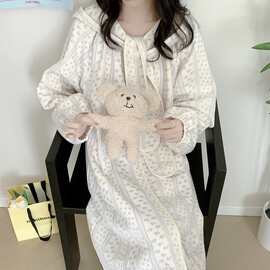 批发货源 韩版可爱花朵睡袍女秋冬新款加厚睡衣家居服睡裙带帽