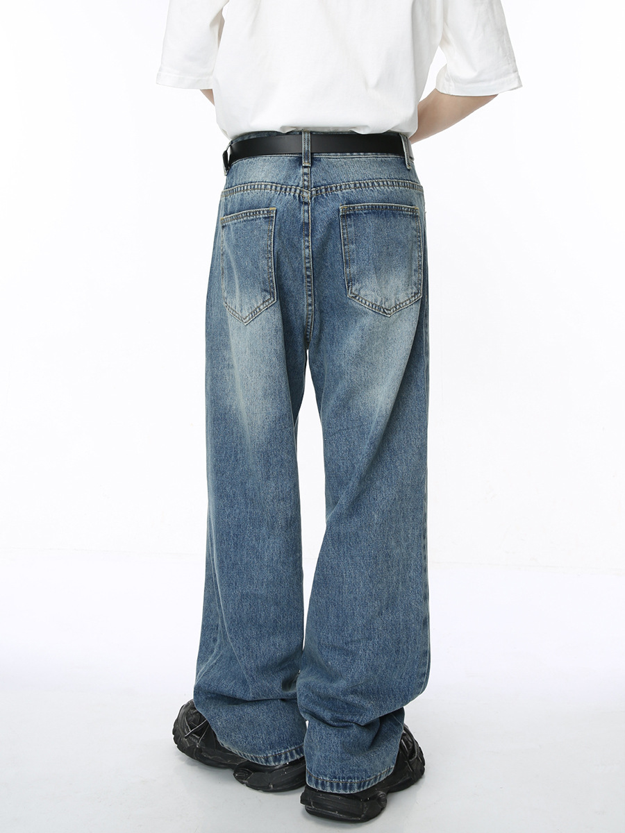 Ropa para hombre MTLCLOTHES | Vaqueros de pierna recta holgados, estilo coreano, desgastados, con efecto descolorido, para ir al trabajo y uso diario.