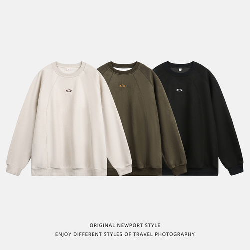 Premium Heavyweight Crew Neck Sweatshirt for Men - Autumn Quality Embroidered Vintage Faux Suede Trend Brand Oversized Drop Shoulder Hooded Sweatshirt