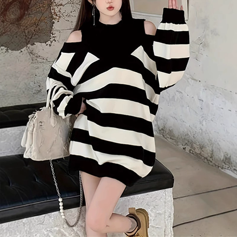 Хит Amazon для международных продаж: женский вязаный топ в полоску, имитация двухслойного дизайна, весна-осень 2025, нишевый дизайн с открытыми плечами и элементами пэчворк