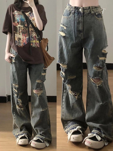  High-Waisted Distressed Denim Pants for Women, Loose Fit, Wide Leg, Inspired by Street Style and Chinese Trends—Perfect for Summer, Available via Drop Shipping