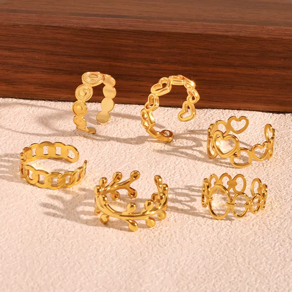 Cross-Border European and American Accessible Luxury High-End Cut Out Geometric Stainless Steel Adjustable Open Ring 18K Gold-Plated Jewelry Wholesale