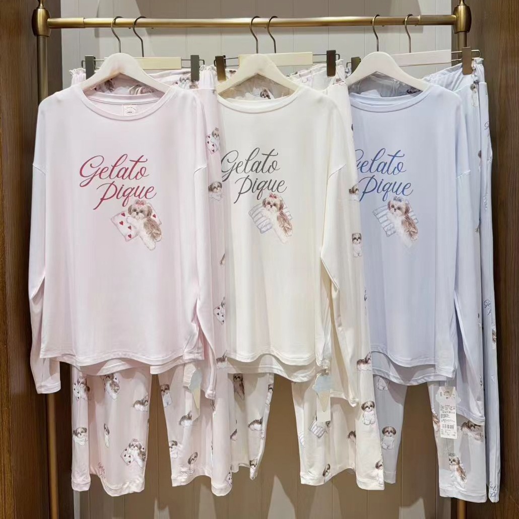 Gp Pajamas Without Labels, Soft and Cute, Cartoon Dog Design, Round Neck, Long Sleeves, Long Pants, Pajama Set, Loungewear