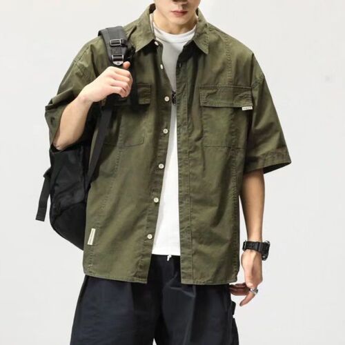 Ins trend brand functional five-pocket short-sleeve work shirt for men, Korean style loose couple casual half-sleeve military green